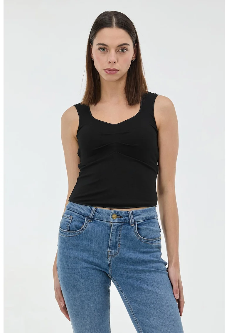 Top slim fit cu decolteu in V, Negru