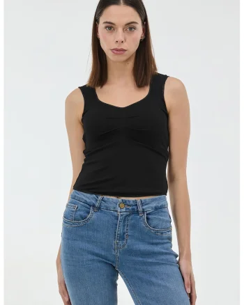 Top slim fit cu decolteu in V, Negru