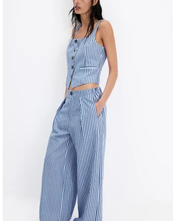 Top din amestec de in cu decolteu patrat, Albastru pastel