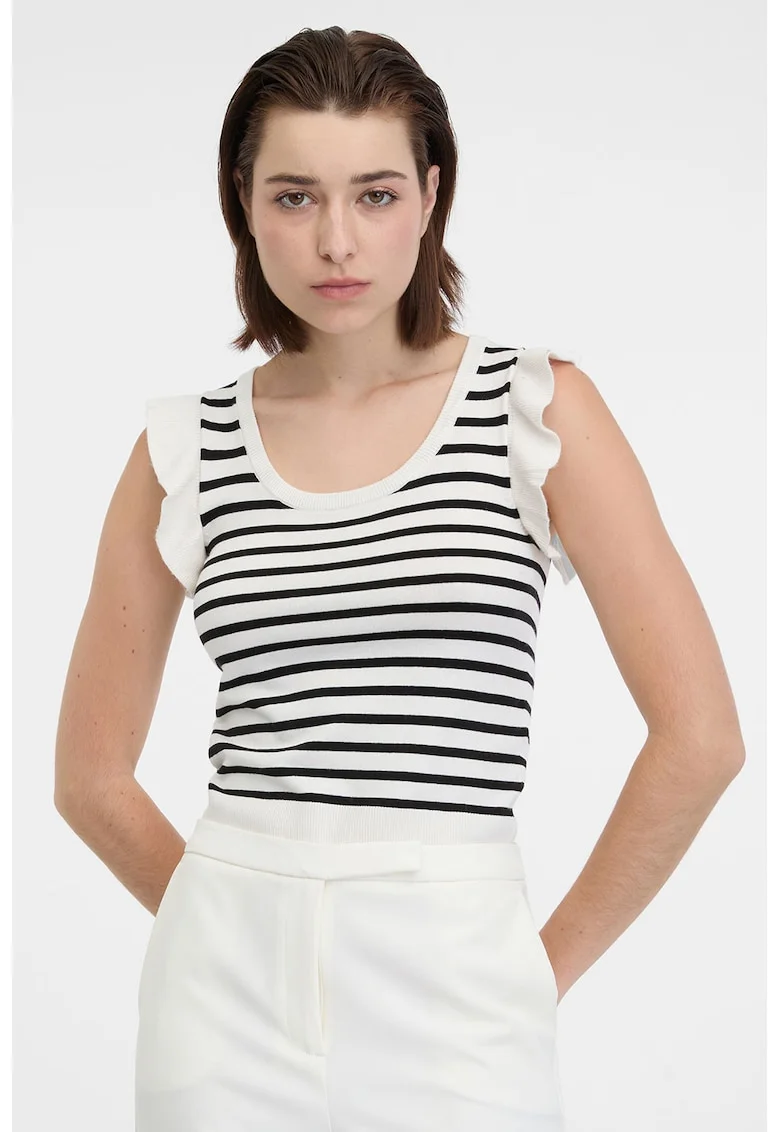 Top slim fit cu volane, Alb/Negru