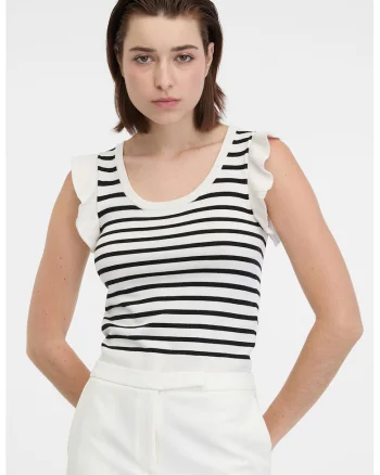 Top slim fit cu volane, Alb/Negru