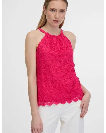 Top halter de dantela crosetata, Roz zmeuriu