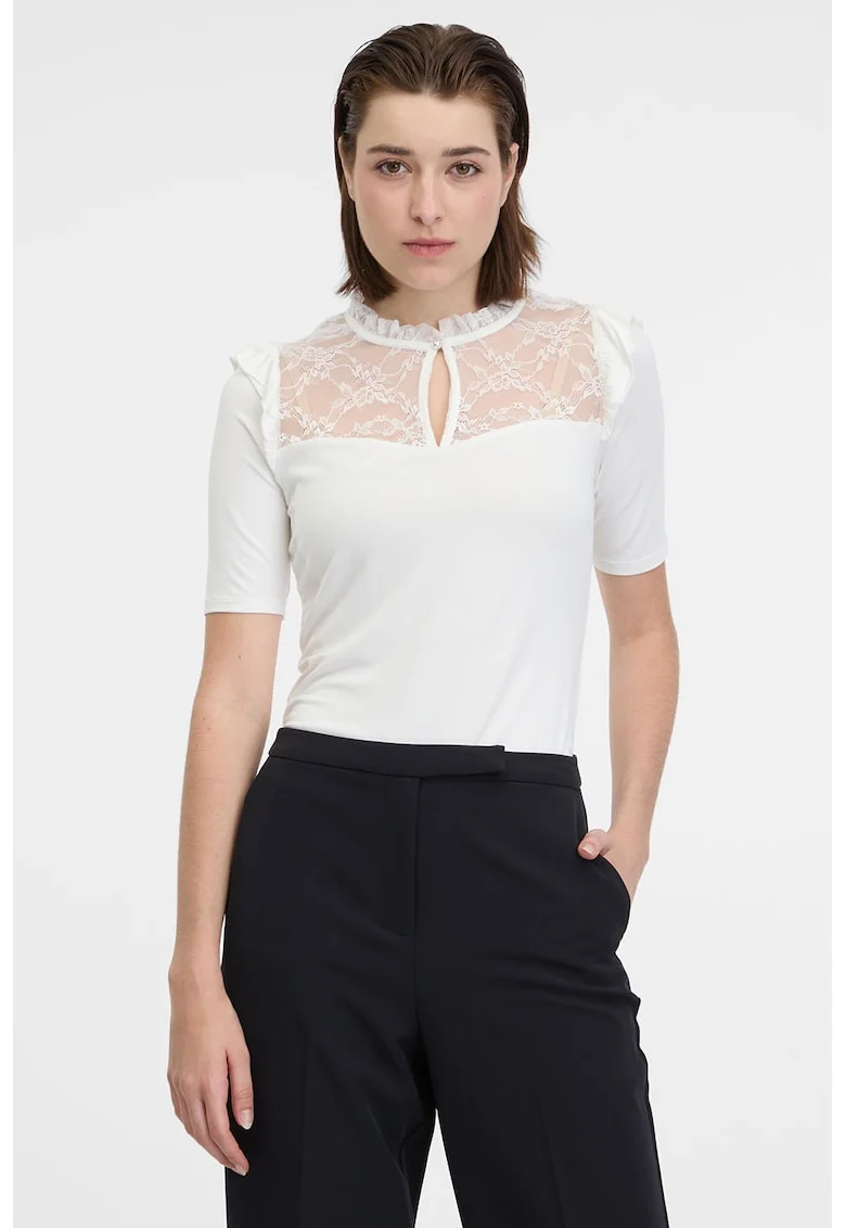 Bluza cu maneci scurte si segment de dantela, Alb