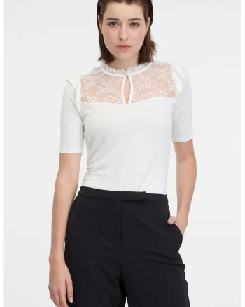 Bluza cu maneci scurte si segment de dantela, Alb