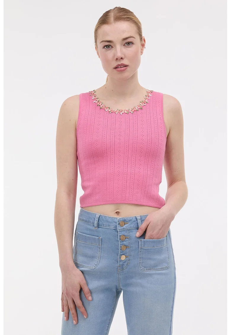 Top crop cu aplicatie florala, Roz deschis