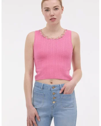 Top crop cu aplicatie florala, Roz deschis