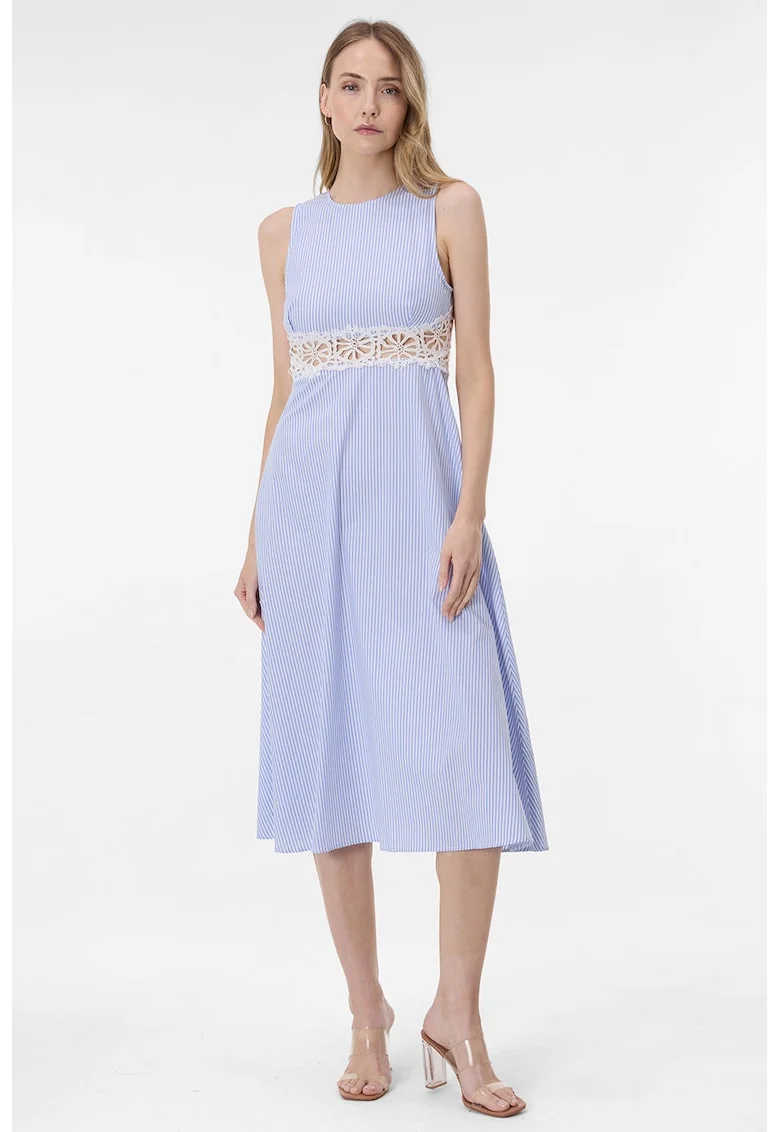 Rochie de bumbac cu insertii de dantela, Alb/Albastru azur