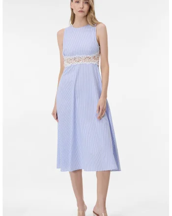 Rochie de bumbac cu insertii de dantela, Alb/Albastru azur