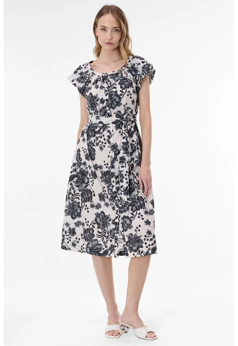 Rochie midi cu imprimeu floral, Alb fildes/Negru