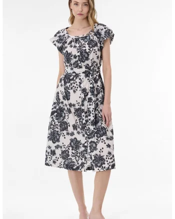 Rochie midi cu imprimeu floral, Alb fildes/Negru