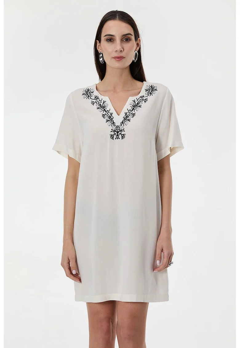 Rochie mini cu broderie, Alb fildes/Negru