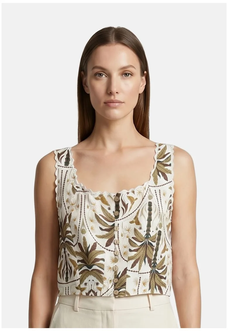Top crop cu imprimeu floral, Verde