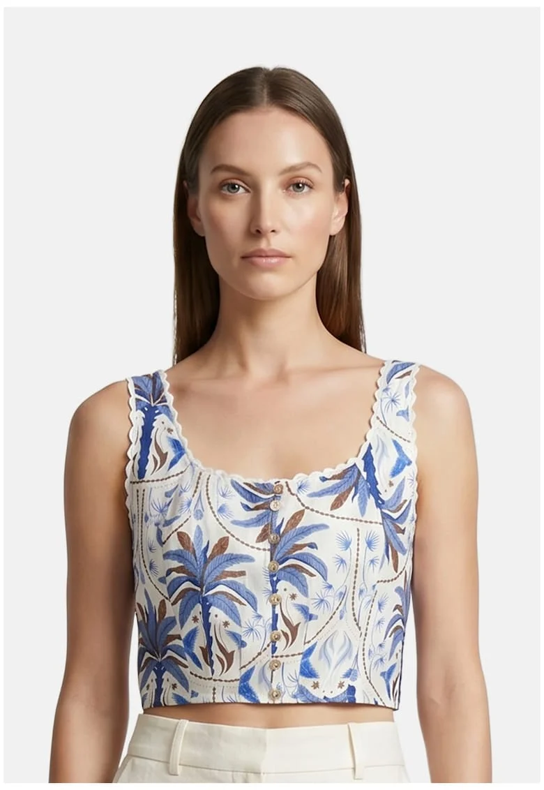 Top crop cu imprimeu floral, Albastru