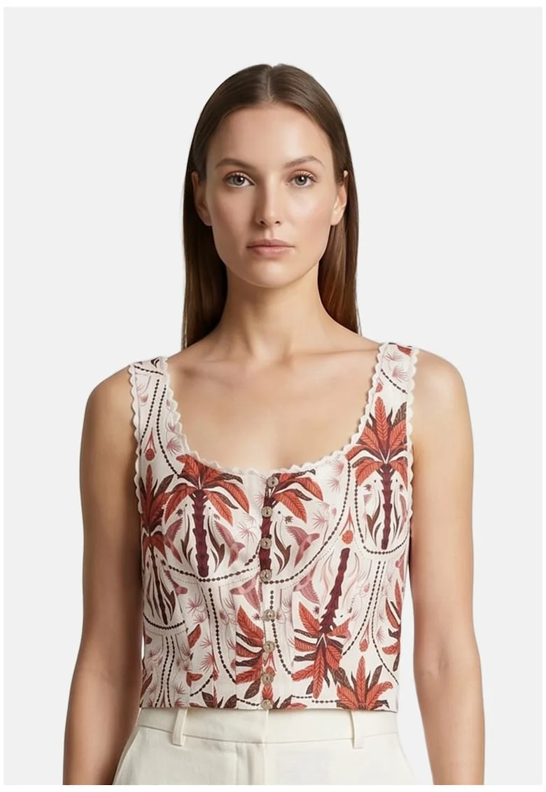 Top crop cu imprimeu floral, Rosu