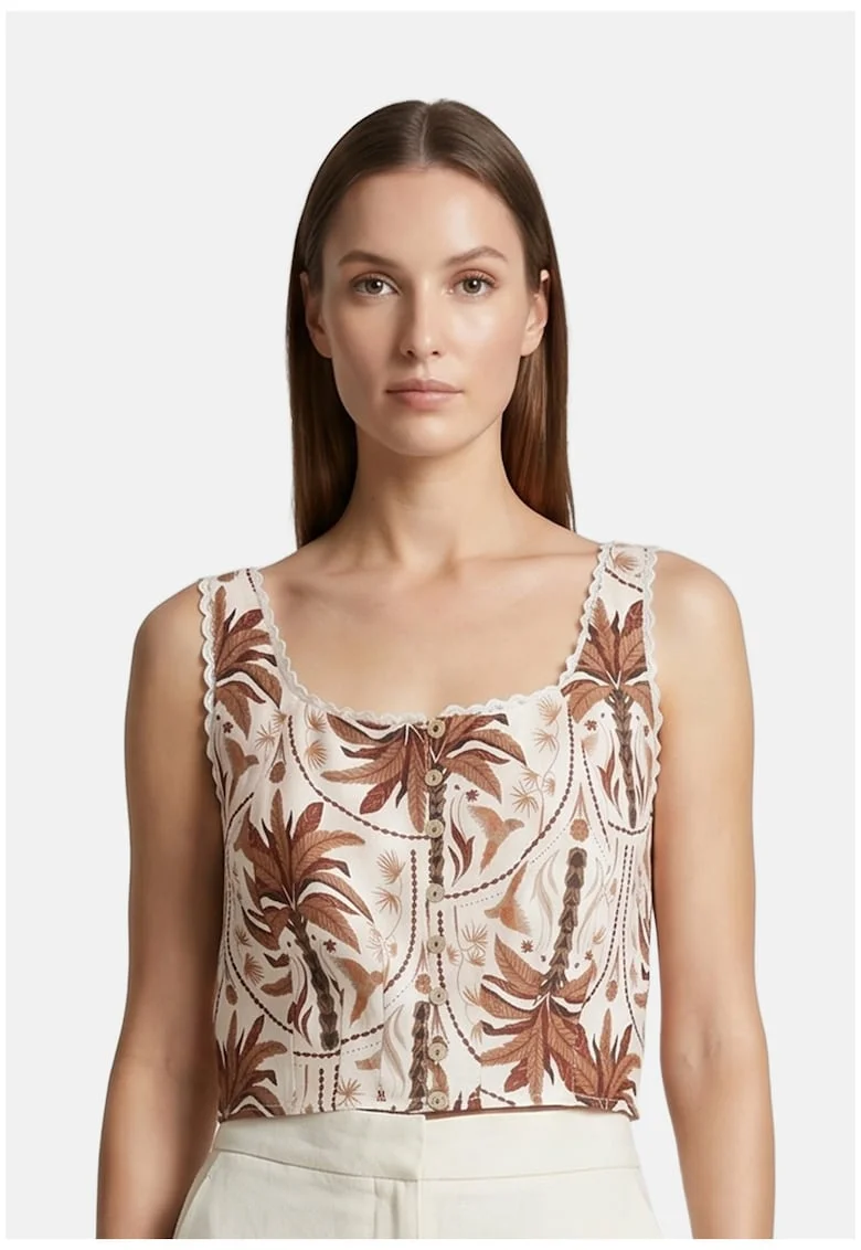 Top crop cu imprimeu floral, Maro taupe