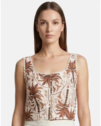 Top crop cu imprimeu floral, Maro taupe