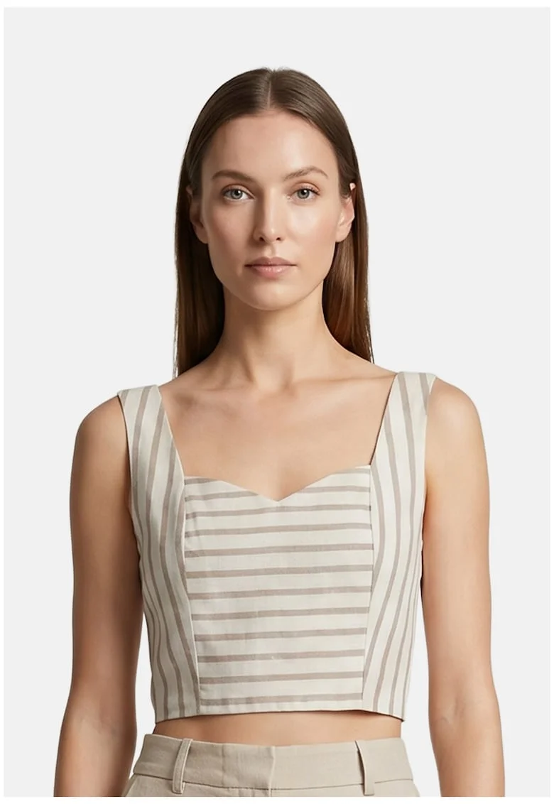 Top cu model in dungi si decolteu sweetheart, Maro taupe