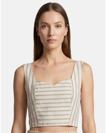 Top cu model in dungi si decolteu sweetheart, Maro taupe