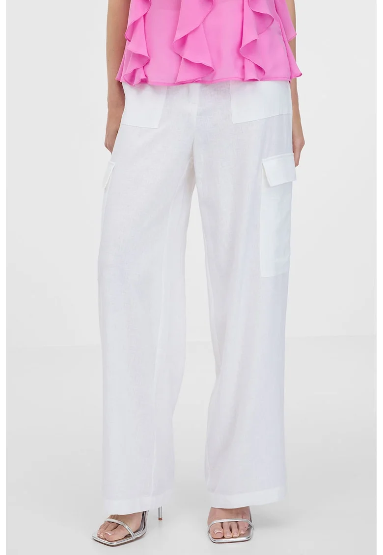 Pantaloni cargo din amestec de in cu croiala ampla, Alb