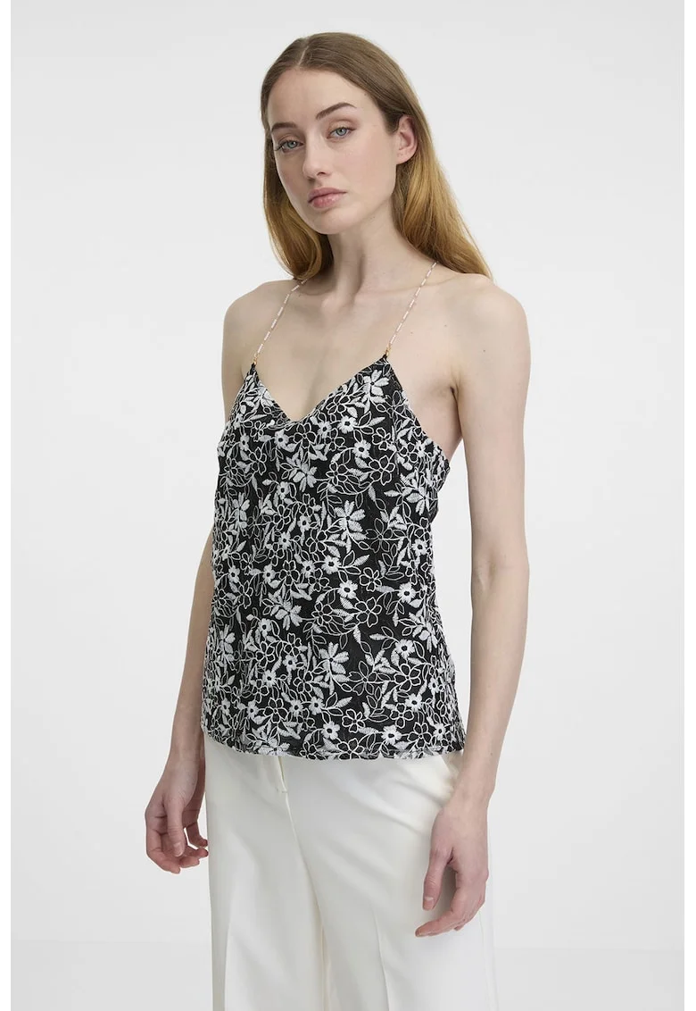Top cu model floral si bretele subtiri, Alb/Negru