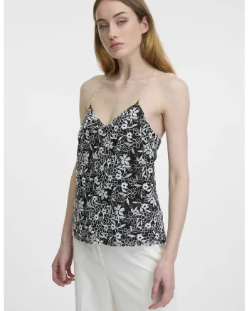 Top cu model floral si bretele subtiri, Alb/Negru