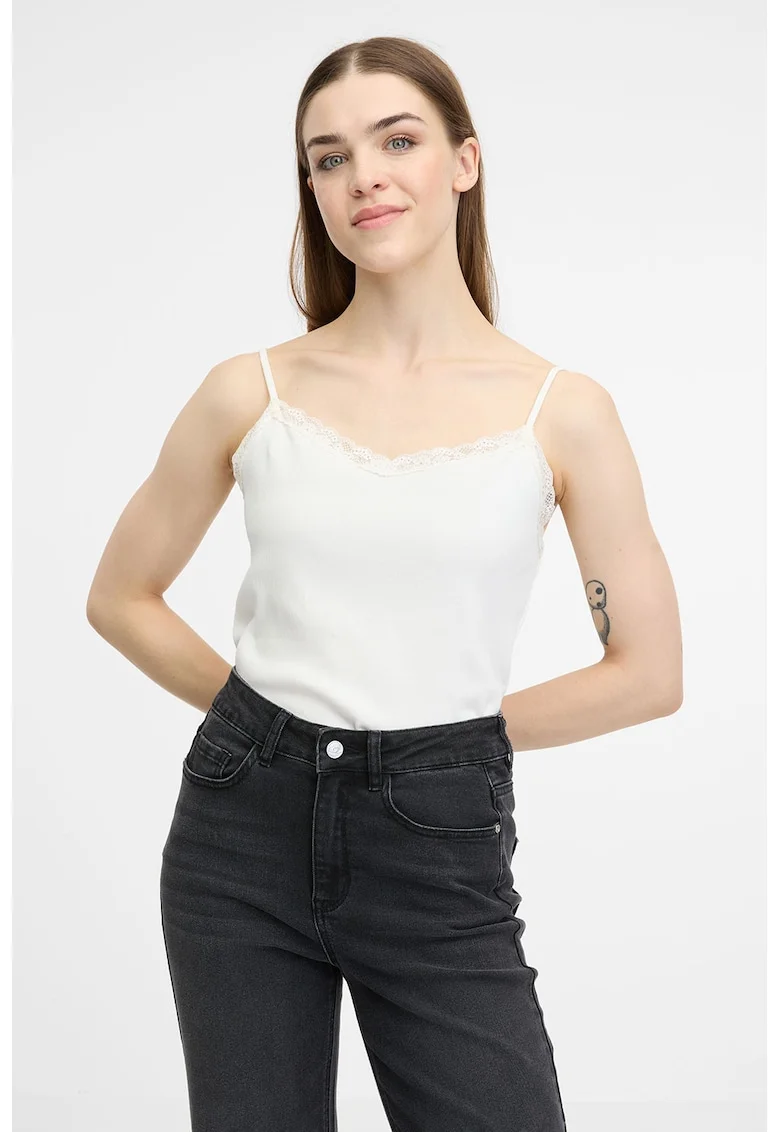 Top striat cu garnitura de dantela, Alb