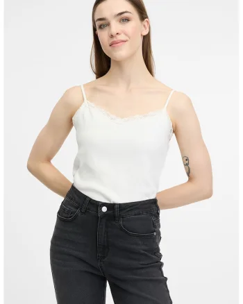 Top striat cu garnitura de dantela, Alb