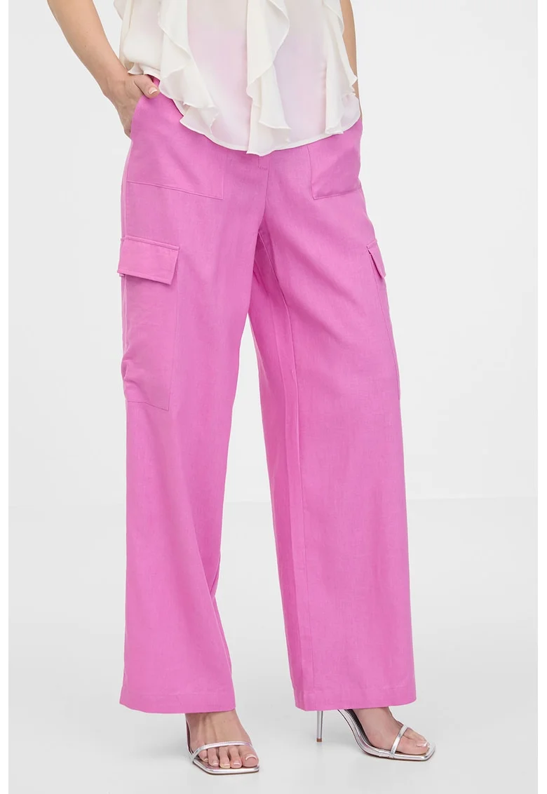 Pantaloni cargo din amestec de in cu croiala ampla, Roz orhidee