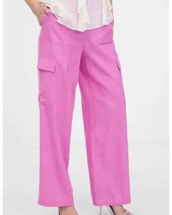 Pantaloni cargo din amestec de in cu croiala ampla, Roz orhidee