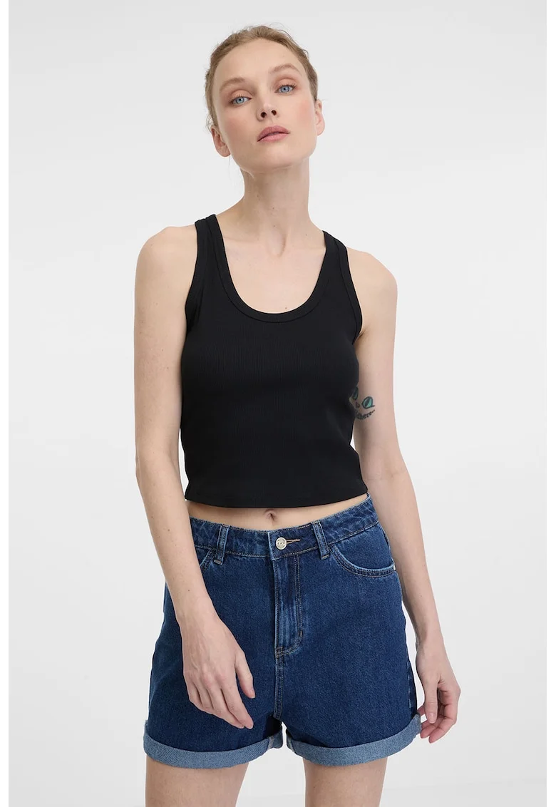 Top crop din amestec de bumbac, Negru
