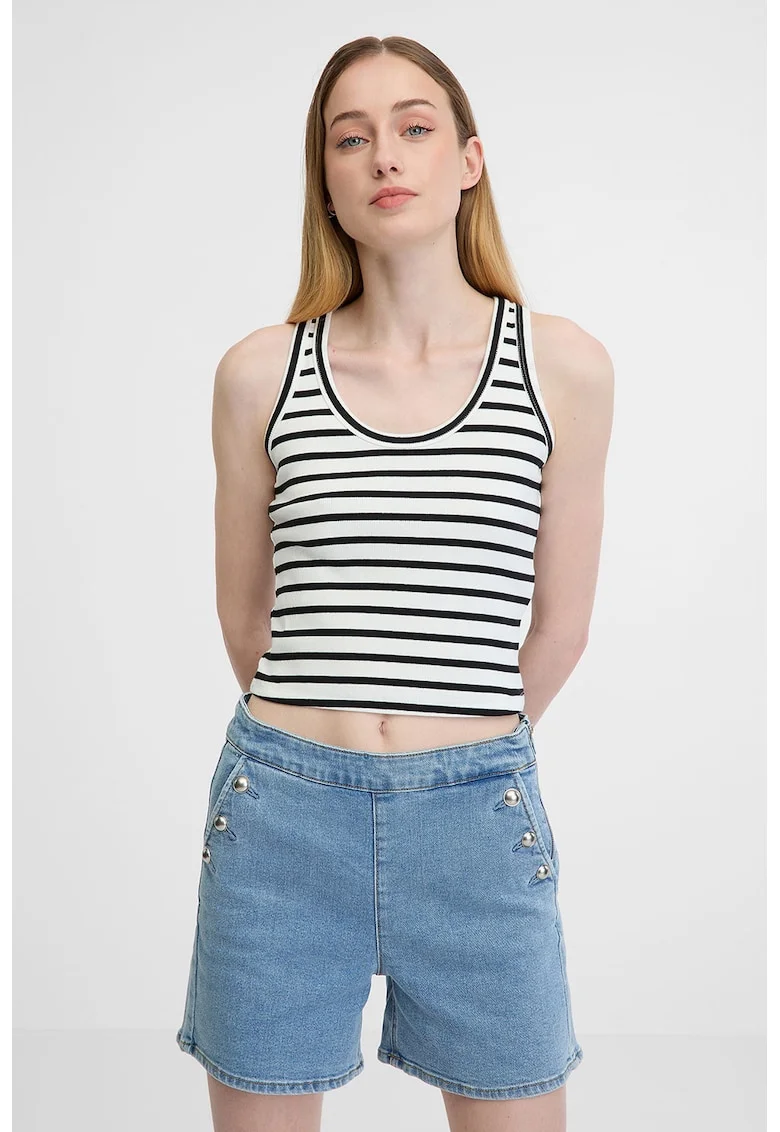 Top crop din amestec de bumbac, Alb/Negru