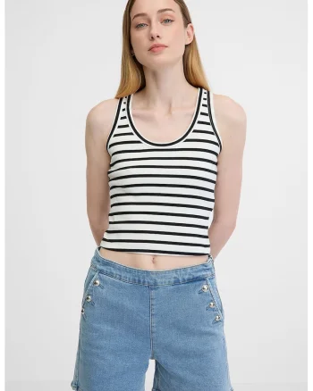 Top crop din amestec de bumbac, Alb/Negru