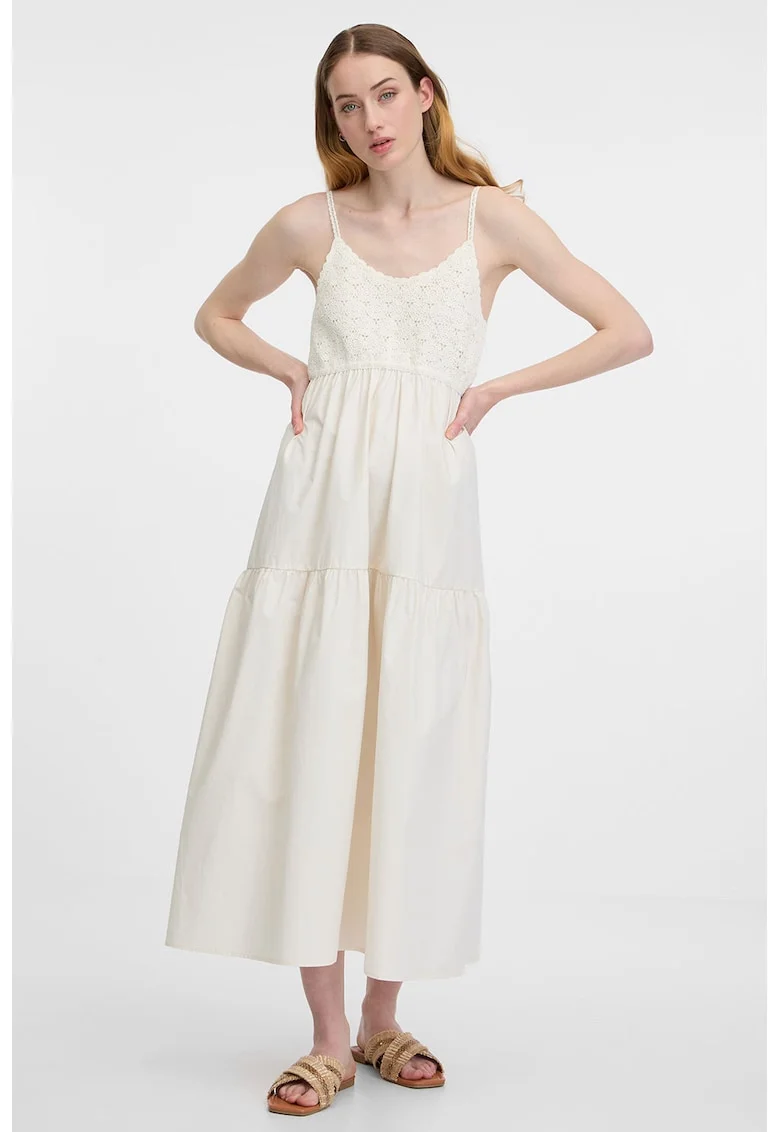 Rochie fara maneci cu segment crosetat pe piept, Alb fildes