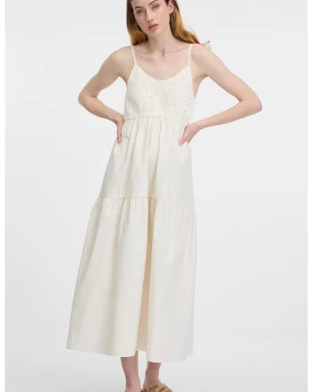 Rochie fara maneci cu segment crosetat pe piept, Alb fildes