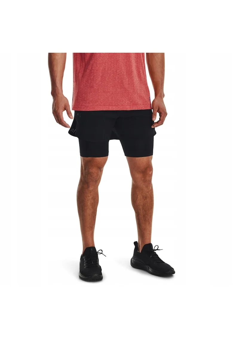 Pantaloni scurti de antrenament,  Peak Woven 2 in 1, ajustati, negri, material sintetic