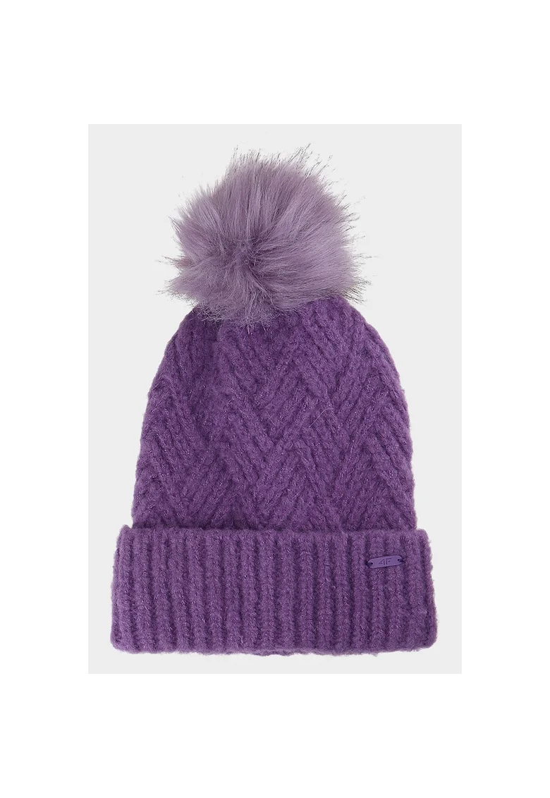 Caciula beanie fetite  violet, cu ciucure din blana artificiala, marime universala
