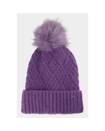 Caciula beanie fetite  violet, cu ciucure din blana artificiala, marime universala
