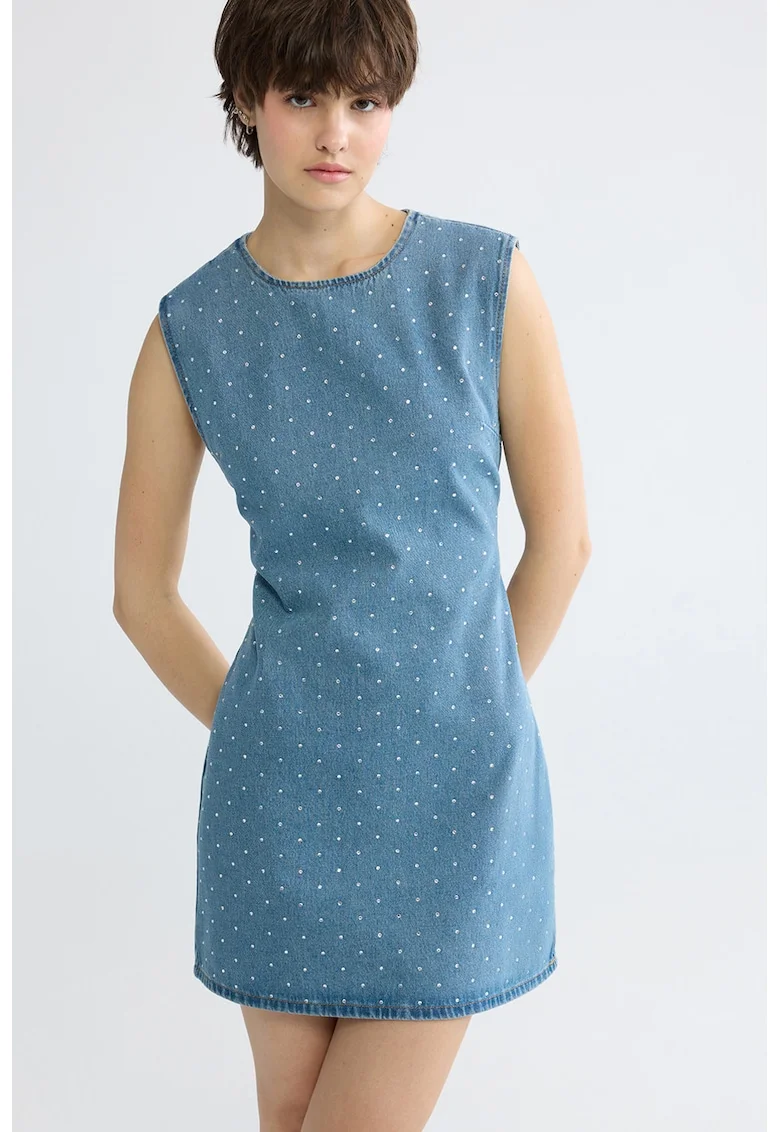 Rochie din denim, fara maneci, cu strasuri, Albastru