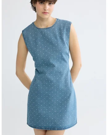 Rochie din denim, fara maneci, cu strasuri, Albastru