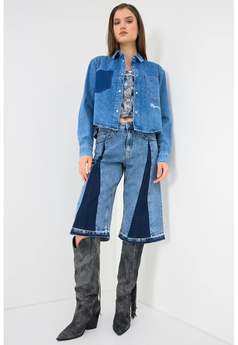 Pantaloni scurti de denim cu talie inalta, Albastru prafuit