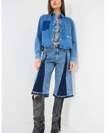 Pantaloni scurti de denim cu talie inalta, Albastru prafuit