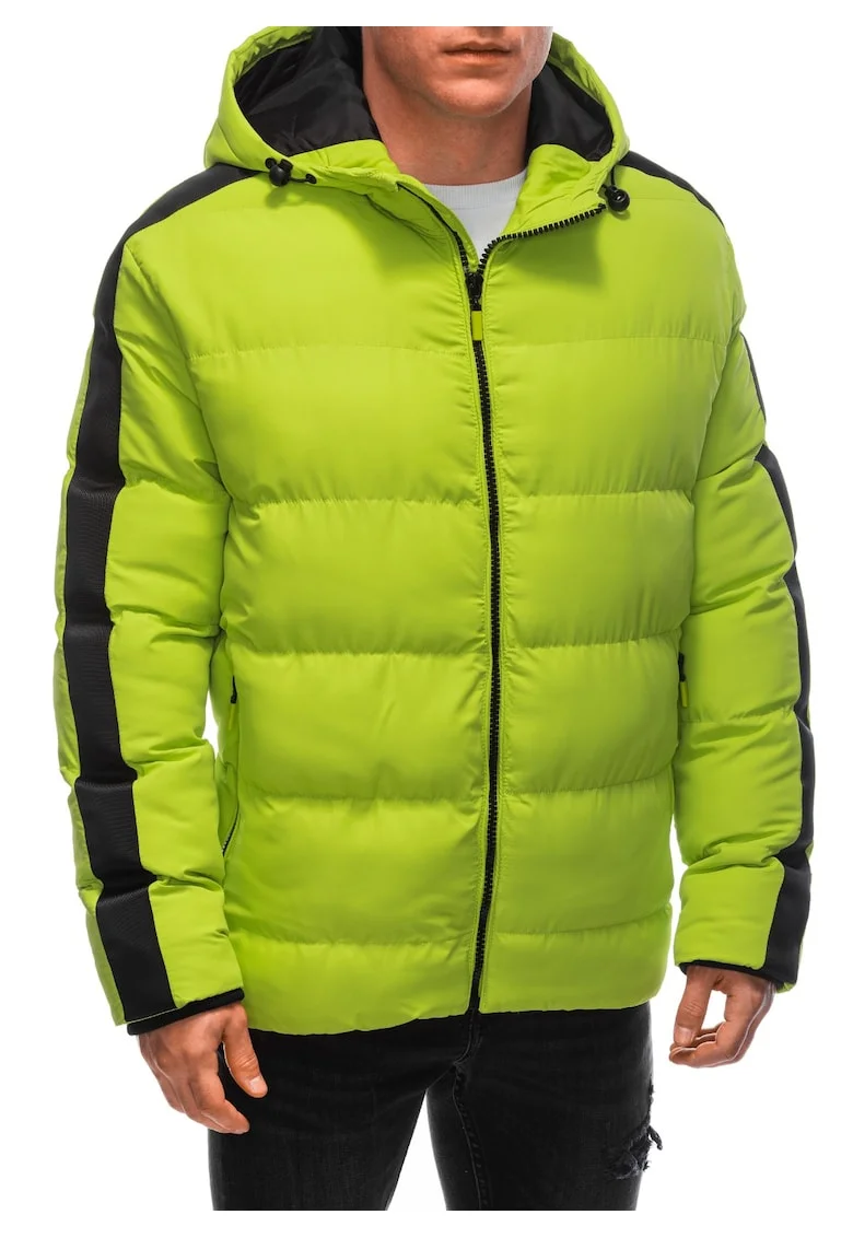 Geaca de iarna matlasata  EM-JAHP-0101, Barbati, Cu fermoar, Cu gluga, Verde lime