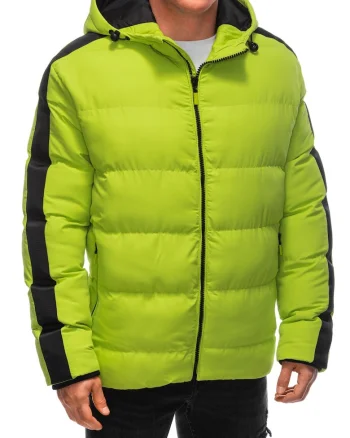 Geaca de iarna matlasata  EM-JAHP-0101, Barbati, Cu fermoar, Cu gluga, Verde lime