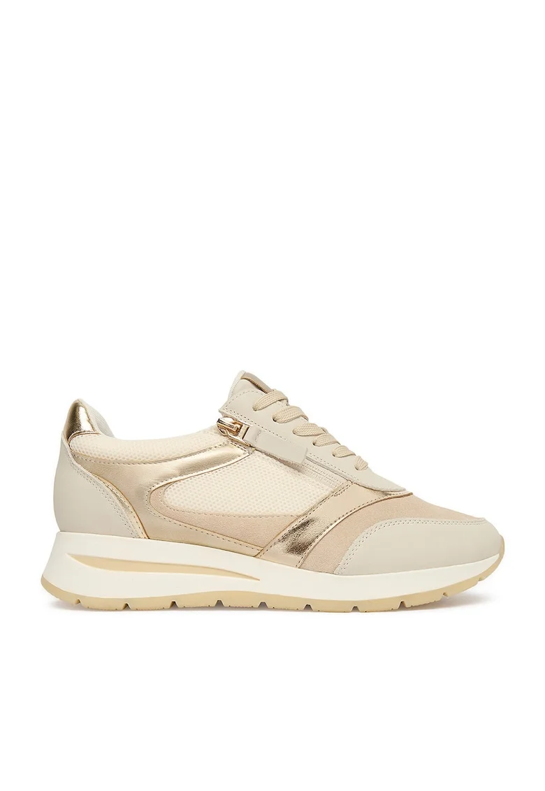 Pantofi sport dama  bej/auriu, piele intoarsa si textil, cu platforma si fermoar
