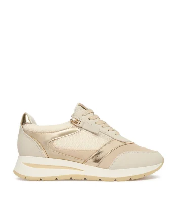 Pantofi sport dama  bej/auriu, piele intoarsa si textil, cu platforma si fermoar