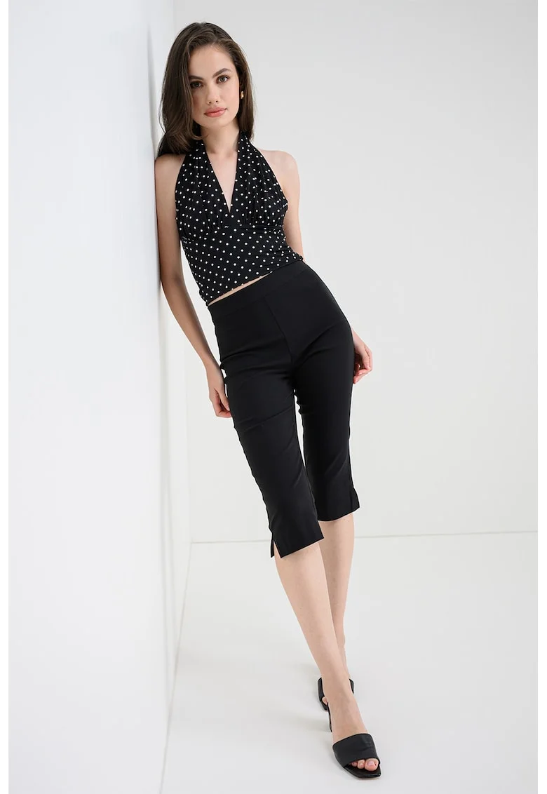 Top crop cu decolteu halter, Alb/Negru