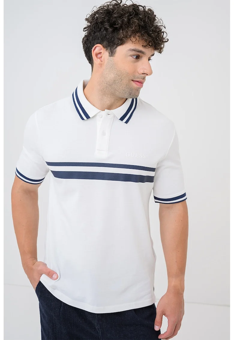 Tricou polo cu benzi contrastante, Alb optic/Bleumarin