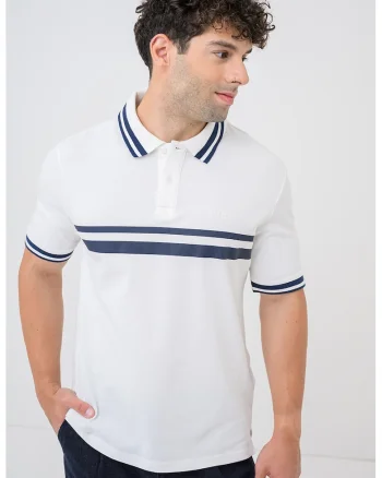 Tricou polo cu benzi contrastante, Alb optic/Bleumarin