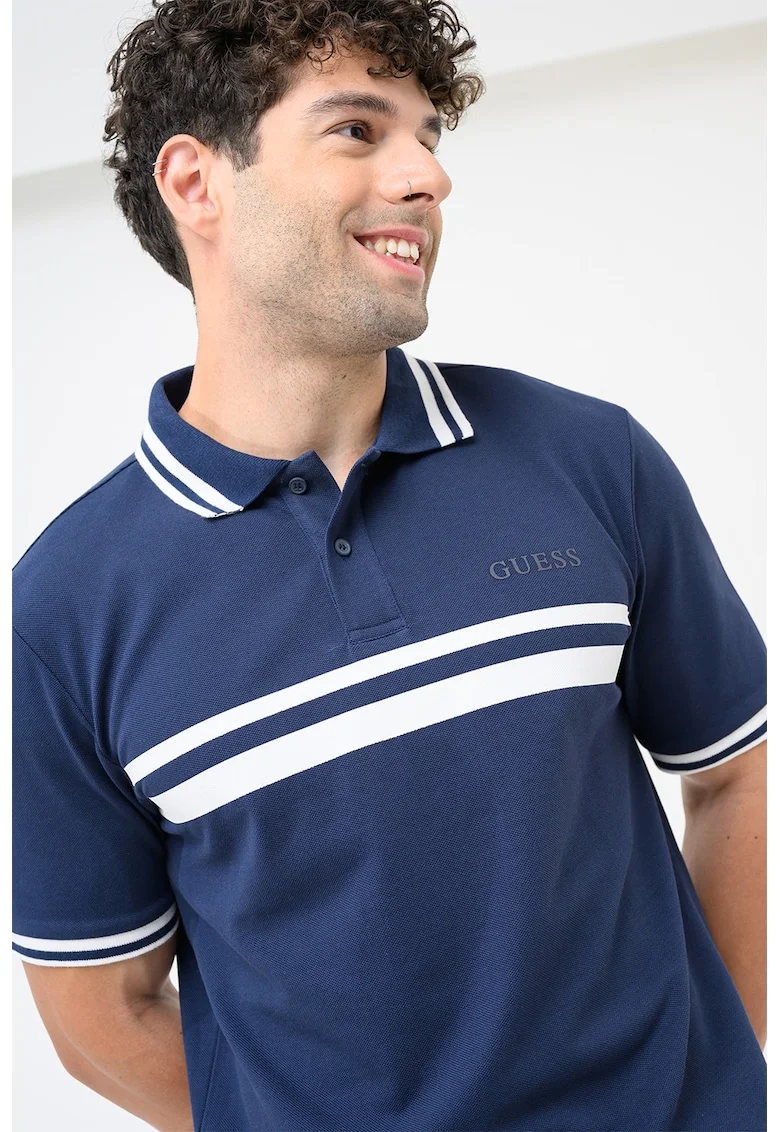 Tricou polo cu benzi contrastante, Bleumarin