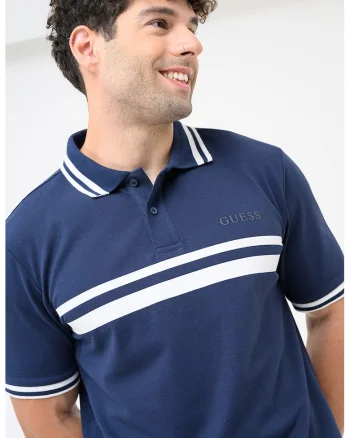 Tricou polo cu benzi contrastante, Bleumarin